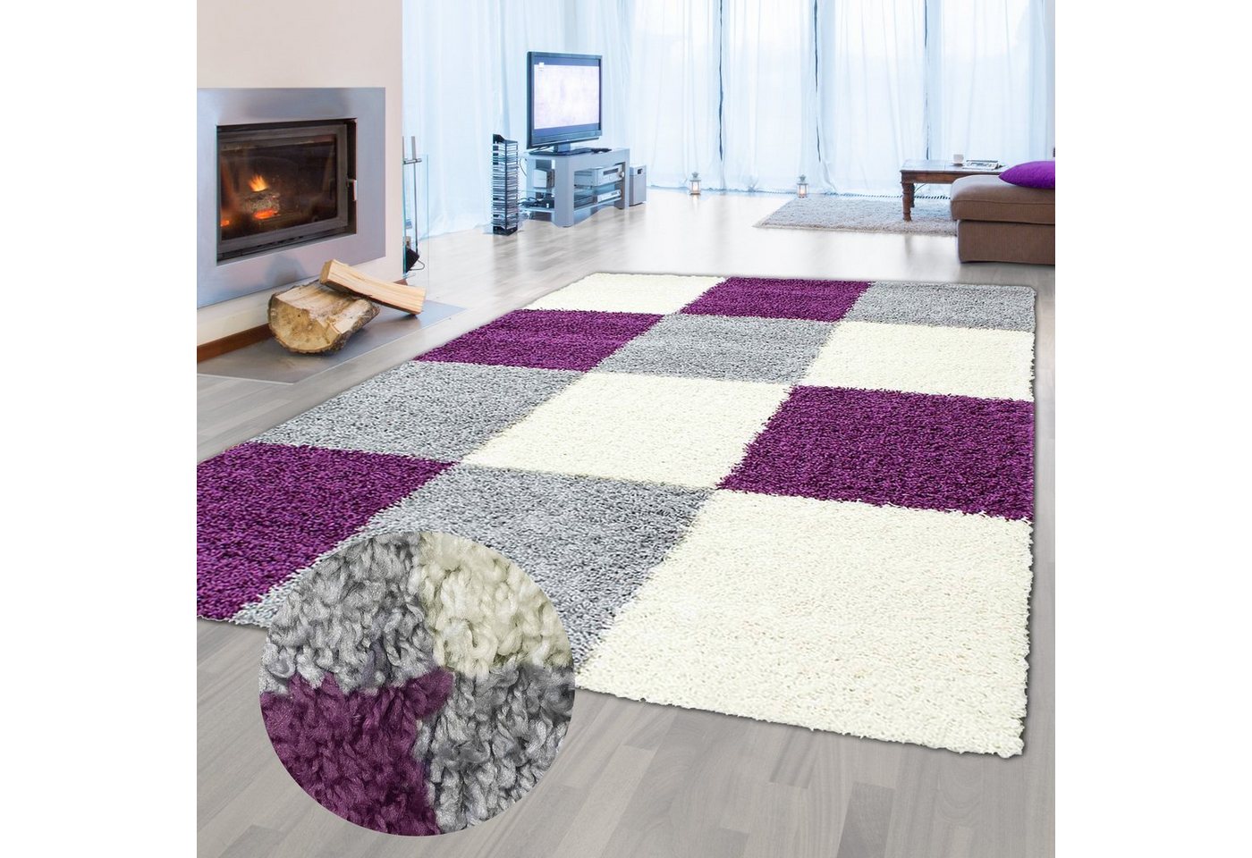 Teppich Flauschiger Shaggy-Teppich Hochflor mit Karomuster in lila grau creme, Teppich-Traum, rechteckig, Höhe: 30 mm von Teppich-Traum