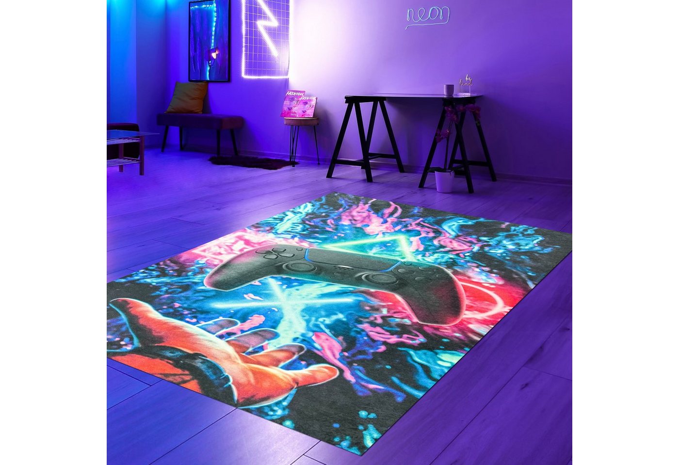 Teppich Gaming-Teppich neon-farbigen Symbolen und schwebendem Controller, Teppich-Traum, rechteckig, Bei 30° ohne Schleudergang waschbar von Teppich-Traum
