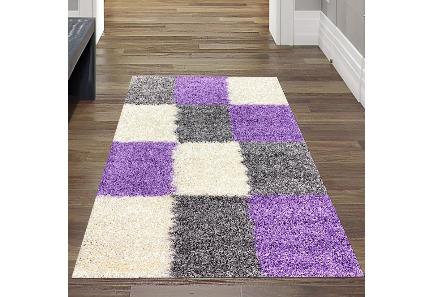 Teppich Hochflor Teppich Karo Muster in Flieder, Grau und Creme, Teppich-Traum, rechteckig, Allergiker geeignet von Teppich-Traum