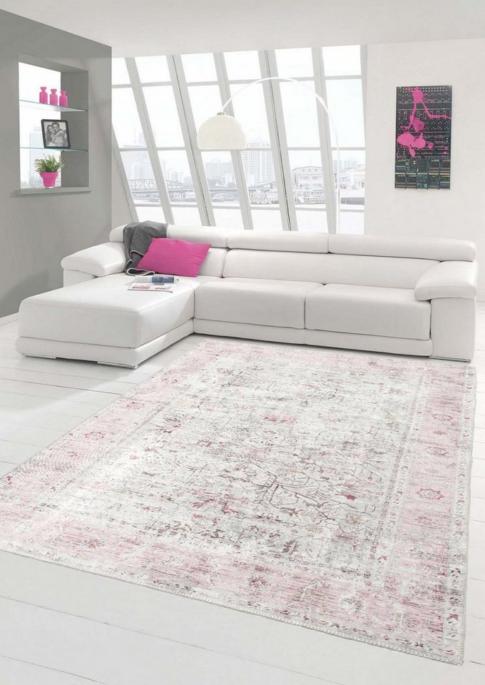 Teppich Klassisch moderner Teppich mit dezenten Blumen & Pflanzen Verzierungen in creme pink, Teppich-Traum, rechteckig, Höhe: 2 mm von Teppich-Traum