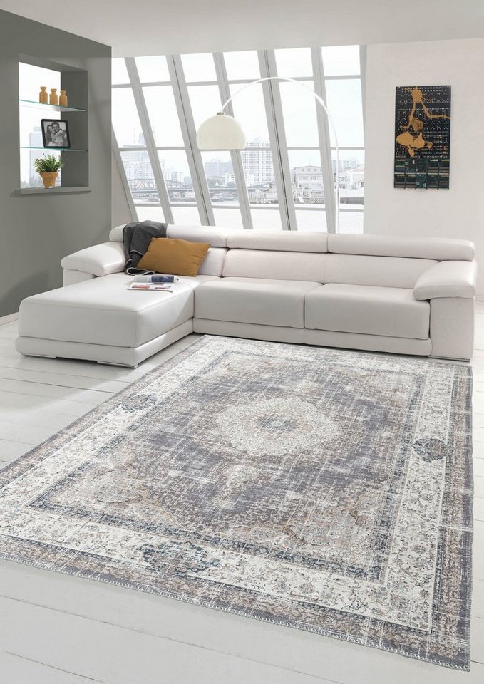 Teppich Klassischer Teppich mit Blumen Ornamenten & Pflanzen Verzierungen in grau beige, Teppich-Traum, rechteckig, Höhe: 2 mm von Teppich-Traum