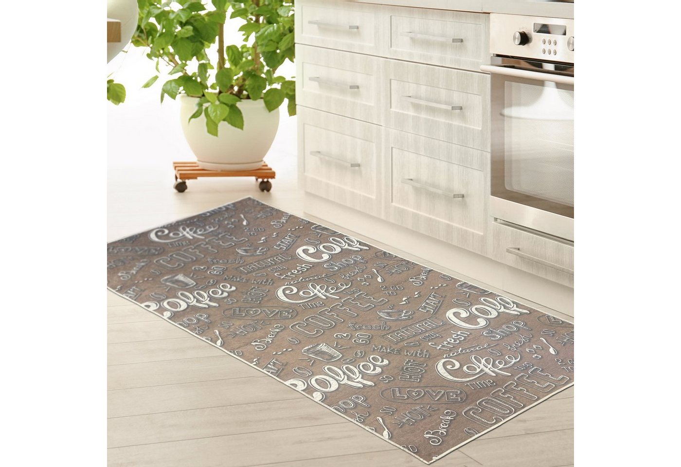 Teppich Küchenläufer Teppich beige waschbar mit „Coffee“ Schriftzug in weiß, Teppich-Traum, rechteckig, Höhe: 5 mm von Teppich-Traum
