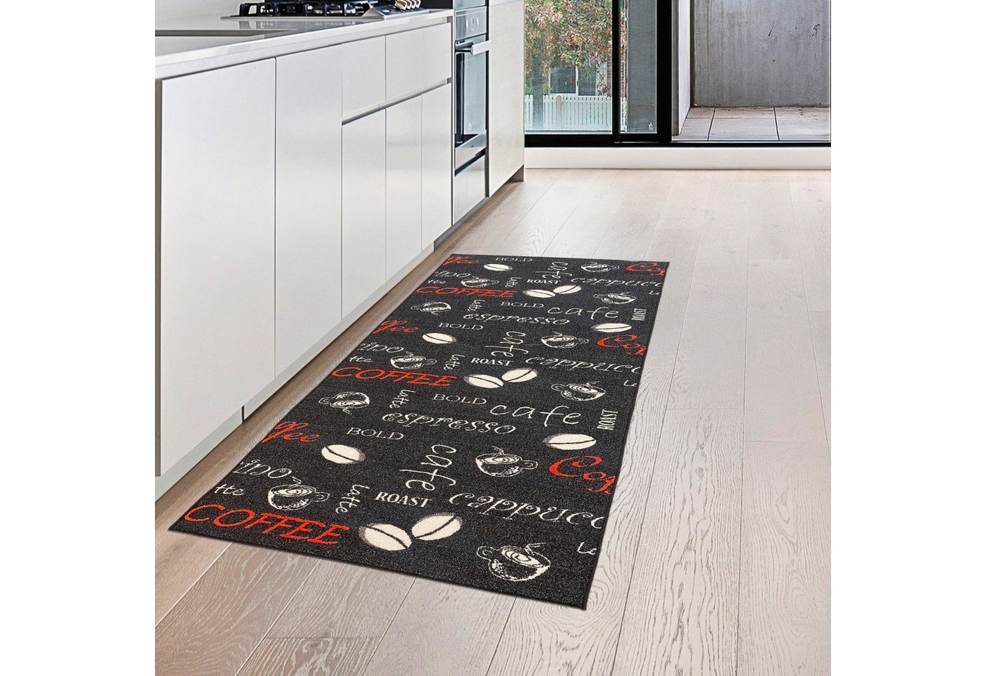 Teppich Küchenläufer mit Gelrücken und Schriftzug in rot und weiß, Teppich-Traum, rechteckig, Höhe: 5 mm von Teppich-Traum