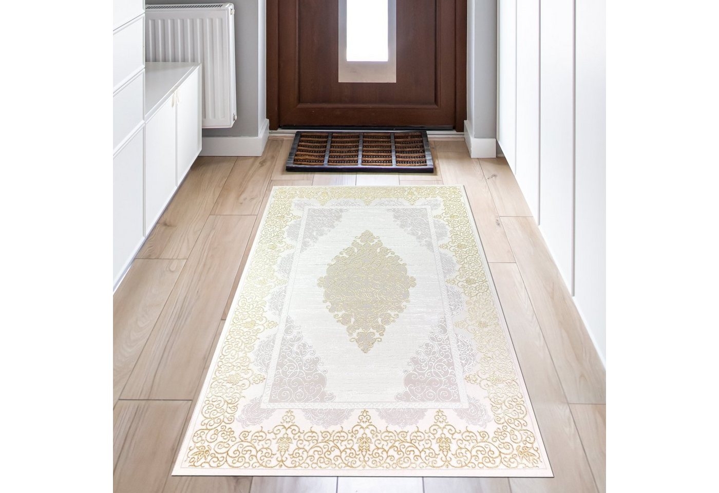 Teppich Orientalischer Designerteppich mit Ornament in weiß gold grau, Teppich-Traum, rechteckig, Höhe: 8 mm von Teppich-Traum