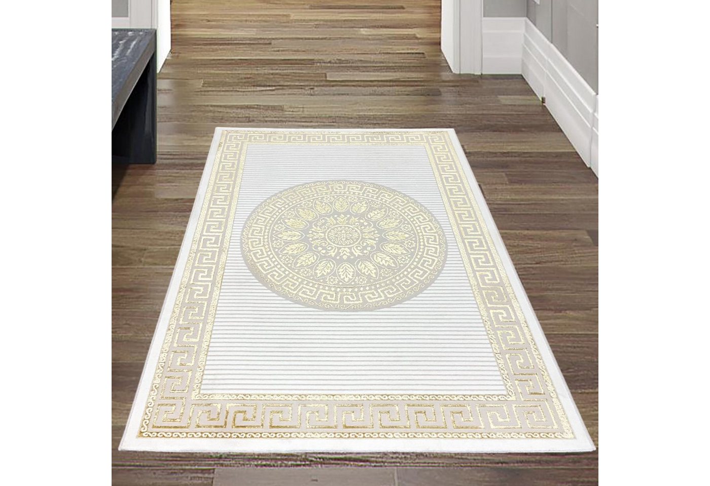Teppich Orientalischer Designerteppich mit glänzendem Ornament in weiß-gold, Teppich-Traum, rechteckig, Höhe: 8 mm von Teppich-Traum