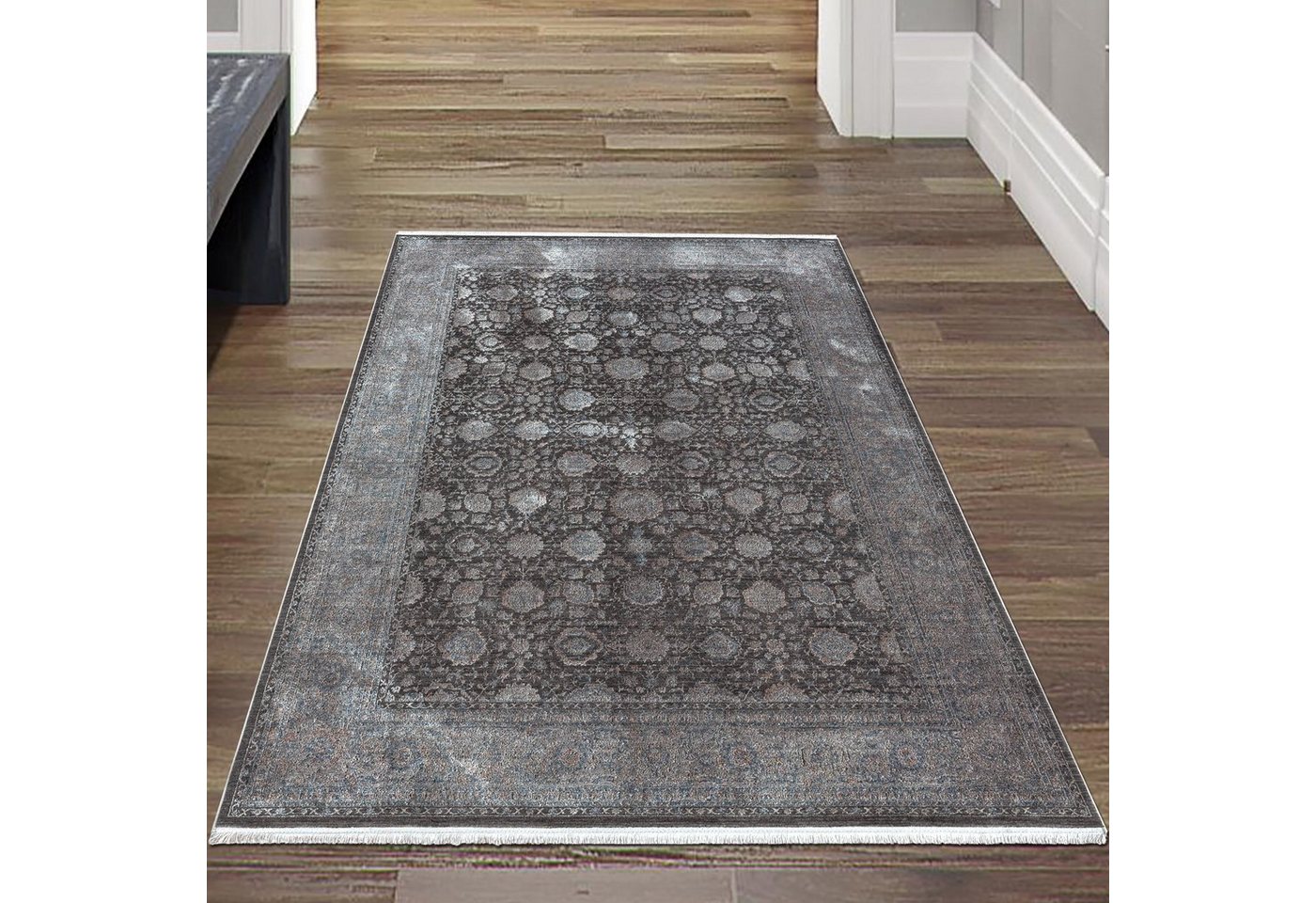Teppich Orientalischer Teppich mit Blumen Ornamenten, in grau blau, Teppich-Traum, rechteckig, Fußbodenheizung-geeignet, Je nach Lichteinfall heller / dunkler (evtl. leicht glänzend) von Teppich-Traum