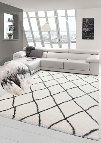 Teppich Shaggy Hochflor Teppich Langflor Rautenmuster in Creme grau Größe 160x230 cm von Teppich-Traum