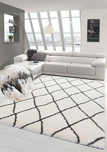 Teppich Shaggy Hochflor Teppich Langflor Rautenmuster in Creme grau Größe 80x150 cm von Teppich-Traum