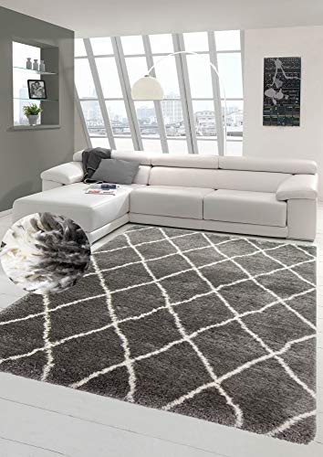 Teppich Shaggy Langflor Hochflor Teppich Rautenmuster in grau Creme Größe 120x160 cm von Teppich-Traum