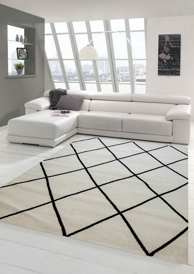 Teppich Teppich Skandinavischer Stil Wohnzimmer Rautenmuster - pflegeleicht - creme schwarz, Teppich-Traum, rechteckig, Höhe: 9 mm von Teppich-Traum