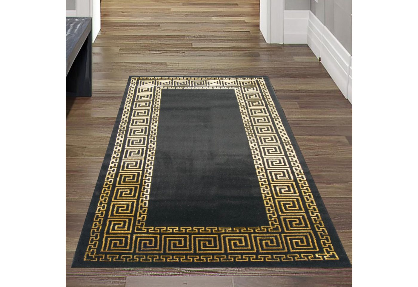 Teppich Teppich Wohnzimmer mit klassischer Bordüre in schwarz gold, Teppich-Traum, rechteckig, Höhe: 12 mm von Teppich-Traum
