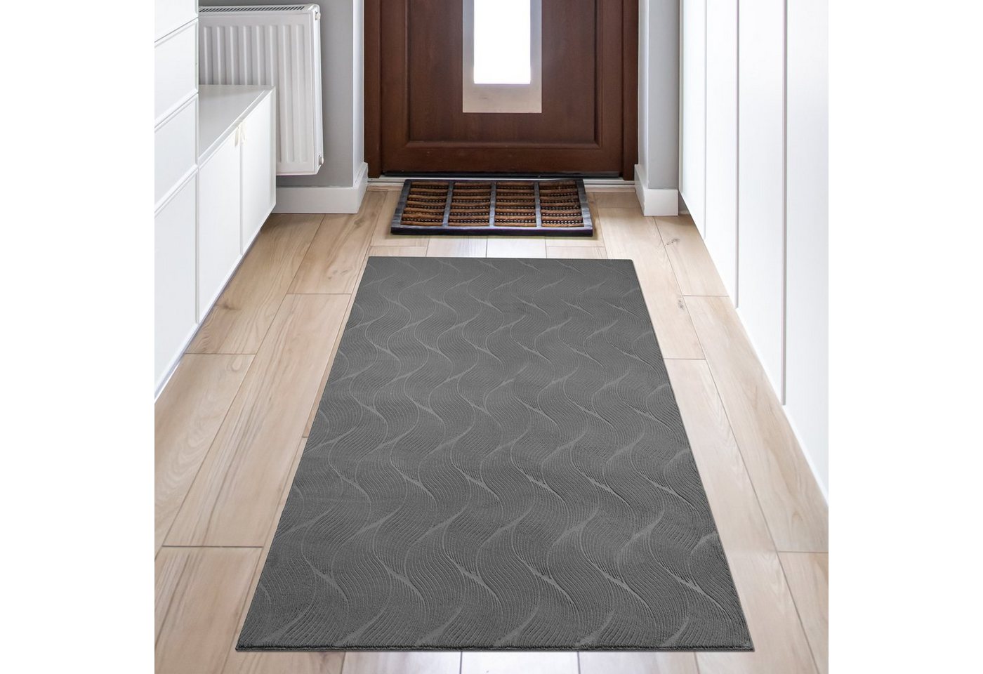 Teppich Teppich Wohnzimmer pflegeleicht modern Wellenmuster anthrazit, Teppich-Traum, rechteckig, Höhe: 16 mm von Teppich-Traum