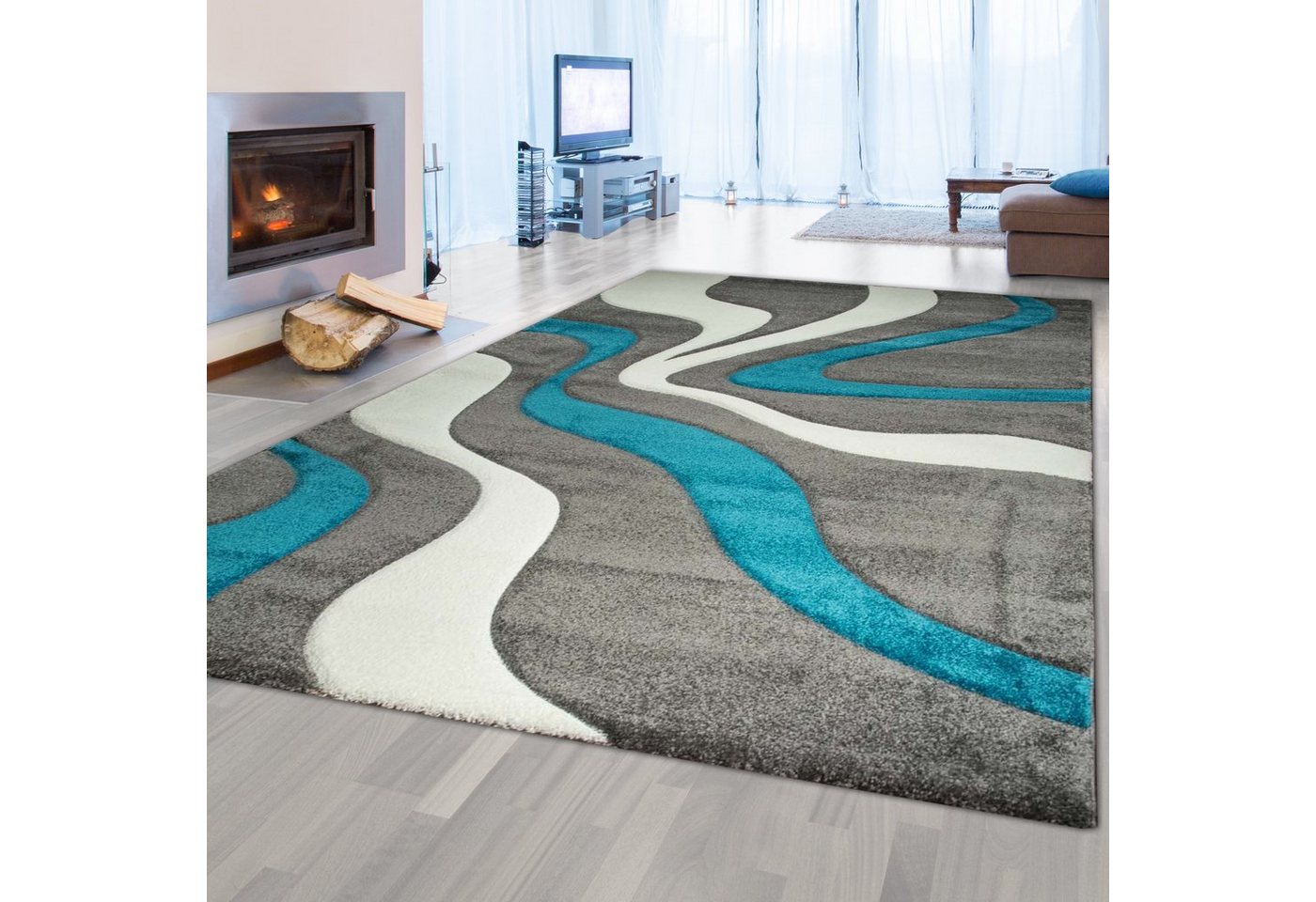Teppich Teppich mit Wellenmuster, pflegeleicht, in türkis grau & weiß, Teppich-Traum, rechteckig von Teppich-Traum