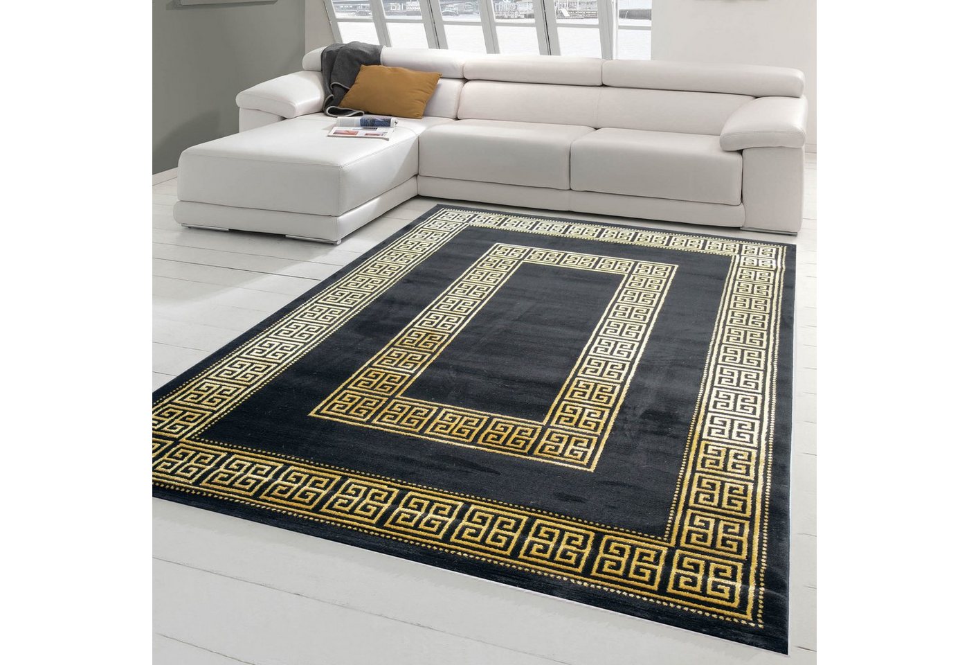Teppich Teppich modern mit klassischer Bordüre in schwarz gold, Teppich-Traum, rechteckig, Höhe: 12 mm von Teppich-Traum