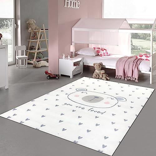 Teppich-Traum Babyzimmer-Teppich Kinderteppich flauschig Herzchen und EIN niedlicher Bär - in Creme 120x170 cm von Teppich-Traum