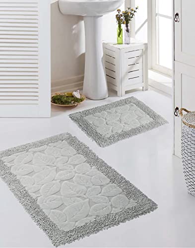 Teppich-Traum Badezimmerteppich Set 2 teilig • waschbar • Blätterdesign in grau von Teppich-Traum
