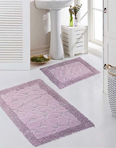 Teppich-Traum Badezimmerteppich Set 2 teilig • waschbar • Blätterdesign in lila, Größe 50x60cm + 60x100 cm von Teppich-Traum