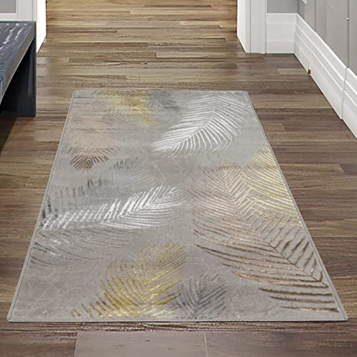 Teppich-Traum Bettumrandung Designer Teppich Flur Wohn- & Schlafzimmer • hell-dunkel Effekt Palmenzweige grau Gold glänzend, Größe 60x110 cm von Teppich-Traum