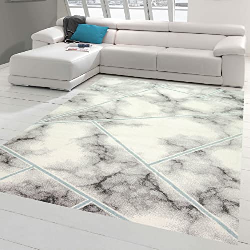 Teppich-Traum Designer Schlafzimmerteppich - langlebig - abstraktes Marmormuster blau grau Creme Größe 140x200 cm von Teppich-Traum
