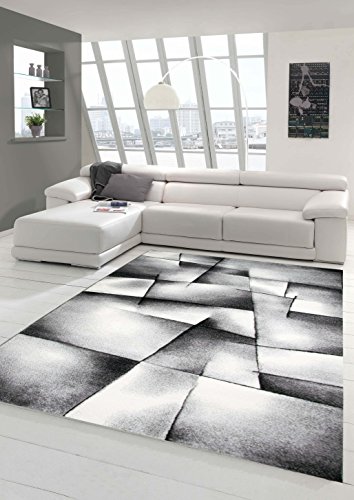 Teppich-Traum Designer Teppich Moderner Teppich Wohnzimmer Teppich Kurzflor Teppich Konturenschnitt Karo Muster Grau Schwarz Weiss Größe 120x170 cm von Teppich-Traum