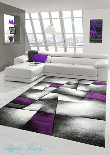 Teppich-Traum Designer Teppich Moderner Wohnzimmer Kurzflor Mit Konturenschnitt Karo Muster Lila Grau Weiss Schwarz Größe 60x110 cm von Teppich-Traum