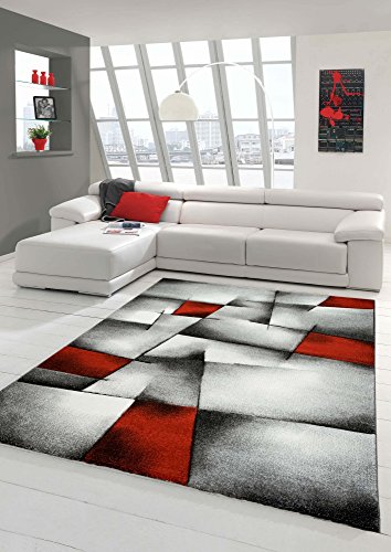 Teppich-Traum Designer Teppich - Moderner Wohnzimmer Kurzflor Mit Konturenschnitt Karo Muster Rot Grau Weiß Schwarz (200 cm Rund) von Teppich-Traum