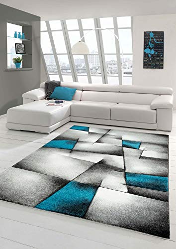 Teppich-Traum Designer Teppich - Moderner Wohnzimmer Kurzflor Mit Konturenschnitt Karo Muster - Türkis Grau Weiß Schwarz - Größe 200 x 290 cm von Traum