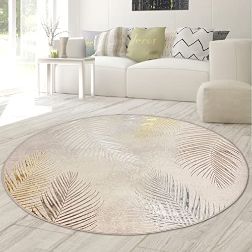 Teppich-Traum Designer Teppich Wohn- & Schlafzimmer Palmenzweige Creme grau Gold Größe 200 cm rund von Teppich-Traum