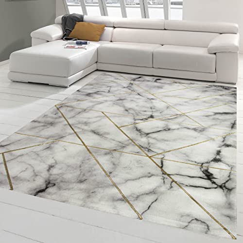 Teppich-Traum Designer Wohnzimmerteppich mit Marmor Optik und edlen Glanzfasern in Grau Gold, 160 x 230 cm von Teppich-Traum