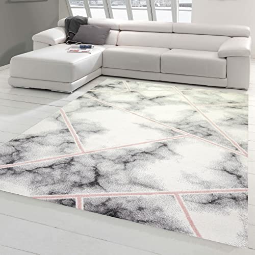 Teppich-Traum Designer Wohnzimmerteppich - pflegeleicht - abstraktes Marmormuster rosa grau Creme Größe 120x170 cm von Teppich-Traum