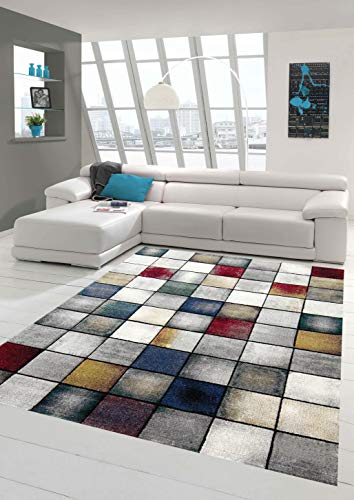 Teppich-Traum Designerteppich mit bunten Quadraten | Öko-Tex Zertifiziert | in grau rot blau Größe 200 x 290 cm von Teppich-Traum