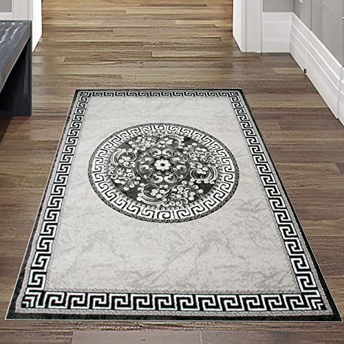 Teppich-Traum FLURLÄUFER Orientteppich mit Glitzergarn | Bordüre & Verzierungen in Kreisform | grau anthrazit Creme Größe 80x150 cm von Teppich-Traum