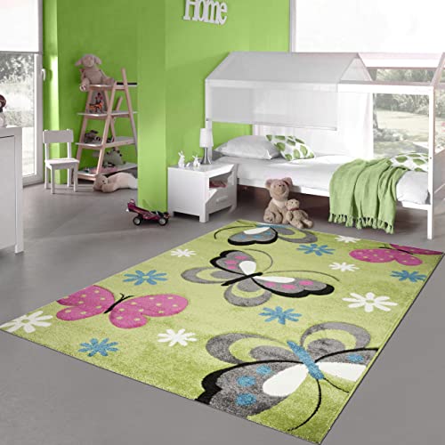 Teppich-Traum Farbenfroher Schmetterlings-Teppich für Kinderzimmer ▸ strapazierfähig ▸ grün, 160 x 230 cm von Teppich-Traum