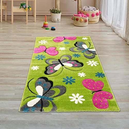 Teppich-Traum Farbenfroher Schmetterlings-Teppich für Kinderzimmer ▸ strapazierfähig ▸ grün, 80 x 150 cm von Teppich-Traum