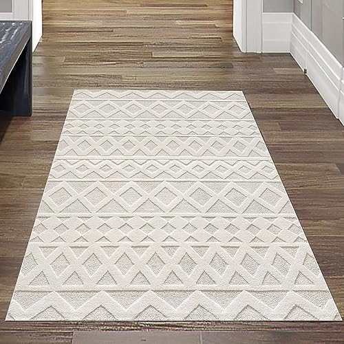 Teppich-Traum Flur Diele Läufer kurz Moderner Designerteppich Kurzflor Skandinavisches Rauten Muster Creme Boho Style 80x150 cm von Teppich-Traum