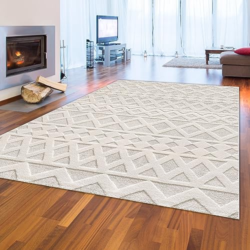 Teppich-Traum Flur Diele Läufer lang Moderner Designerteppich Kurzflor Skandinavisches Rauten Muster Creme Boho Style 80x300 cm von Teppich-Traum