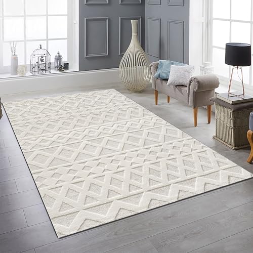 Teppich-Traum Flur Diele Läufer lang Moderner Designerteppich Kurzflor Skandinavisches Rauten Muster Creme Boho Style 80x300 cm von Teppich-Traum
