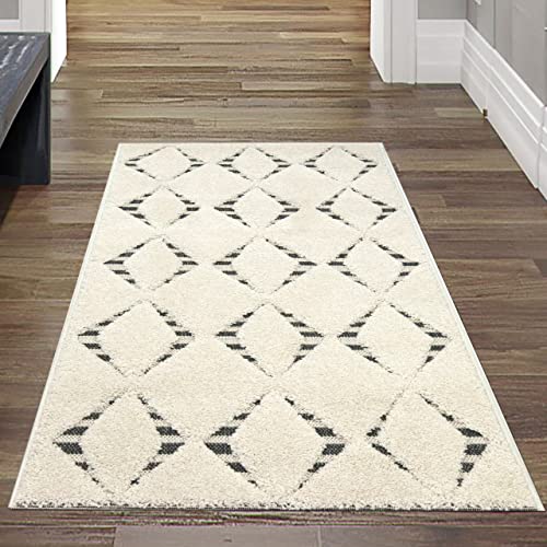 Teppich-Traum Flur LÄUFER Flauschiger Wohnzimmer Teppich mit modernem Flachgewebe Diamantendesign in Creme Größe 80x150 cm von Teppich-Traum