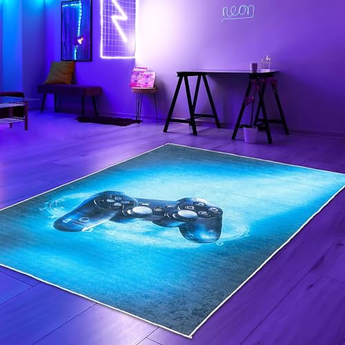 Teppich-Traum Gaming Läufer Teppich beeindruckend modernem Joystick schwarz blauem neon-farbigem Strahl 50x 90 cm von Teppich-Traum