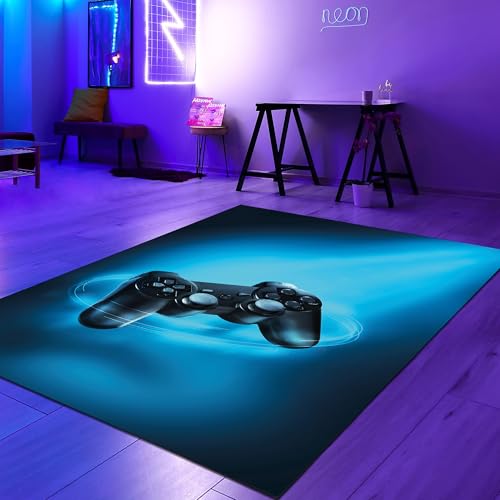 Teppich-Traum Gaming Läufer Teppich beeindruckend modernem Joystick schwarz blauem neon-farbigem Strahl 80 x150 cm von Teppich-Traum