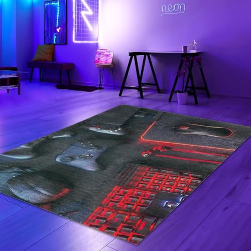 Teppich-Traum Gaming-Teppich Läufer 80 x 150 cm Schwarzes Design Leuchtend rote Akzente - Konsole und Joysticks von Teppich-Traum