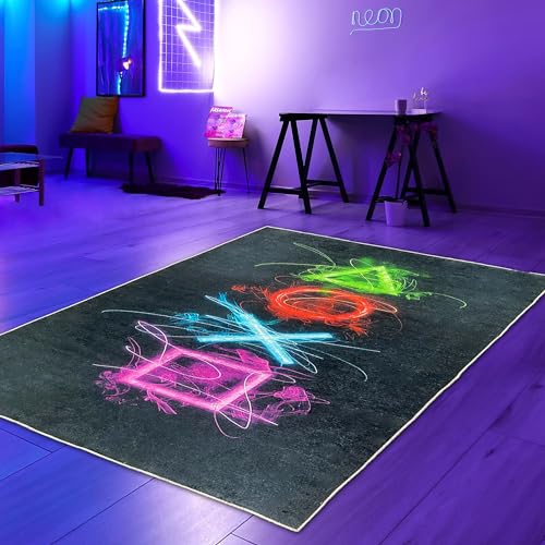 Teppich-Traum Gaming Teppich Zimmer auffällig Bunte neonfarbige Symbolen schwarzer Hintergrund, 50 x 120 cm von Teppich-Traum