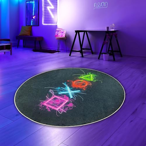 Teppich-Traum Gaming Teppich rund fesselnd auffällig Bunte neonfarbige Symbolen schwarzer Hintergrund 80 cm Rund von Teppich-Traum
