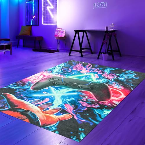 Teppich-Traum Gamingteppich dünn antirutsch strapazierfähig Kontroller mit neonfarbenen Symbolen in bunt, 120 x 160 cm von Teppich-Traum