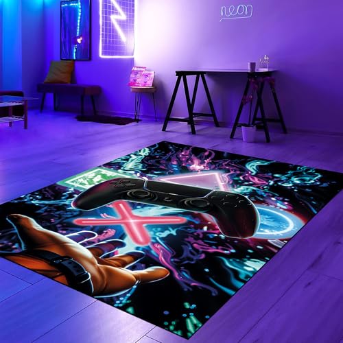 Teppich-Traum Gamingteppich dünn antirutsch strapazierfähig Kontroller mit neonfarbenen Symbolen in bunt, 140 x 200 cm von Teppich-Traum