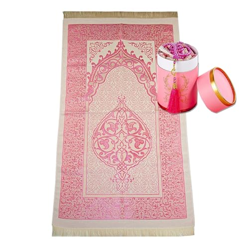 Teppich-Traum Gebetsteppich Geschenkbox Tesbih Set Namaz Seccade Sajjadah Janamaz Islamisches Design Taftstoff Geschenkidee Umrah Ramadan Rosa 65 x 110 cm von Teppich-Traum