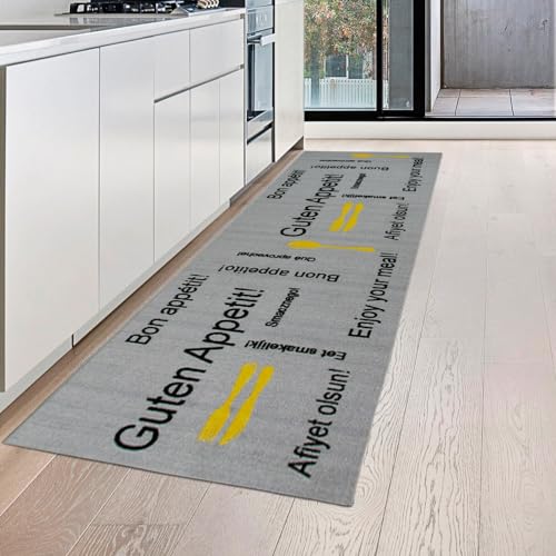 Teppich-Traum Guten Appetit Küchenläufer in grau mit Gelrücken und schwarzem & gelbem Schriftzug, 80 x 150 cm von Teppich-Traum