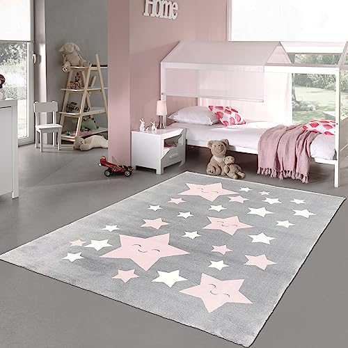 Teppich-Traum Hochflor-Teppich Kinderzimmer weich rosa weiß Sternen in anthrazit 160x230 cm von Teppich-Traum