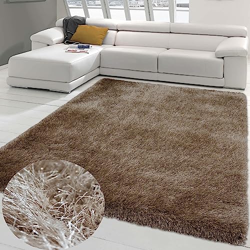 Teppich-Traum Hochflor-Teppich Wohnzimmer Schlafzimmer Gästezimmer glänzend beige 120 x 170 cm von Teppich-Traum