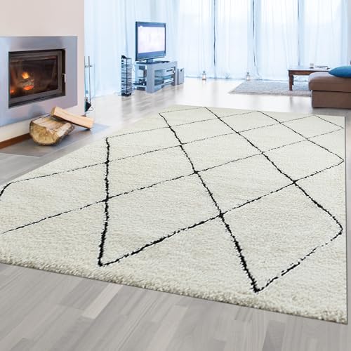 Teppich-Traum Hochflor Wohnzimmerteppich weiß schwarz Rautenmuster nordisch, 120 cm rund von Teppich-Traum